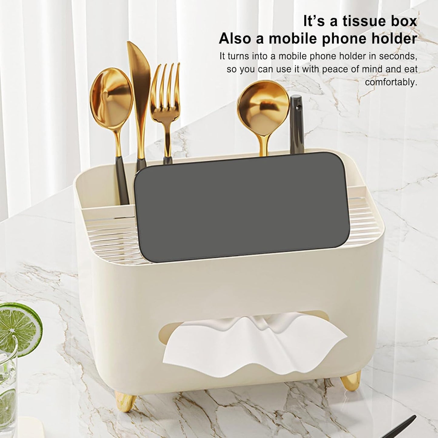 Suport pentru Servetele, selexmo, Cutie Multifunctionala, Design Minimalist, ABS, cu Suport pentru Obiectele Personale, pentru Birou, 21x15x13 cm, Crem
