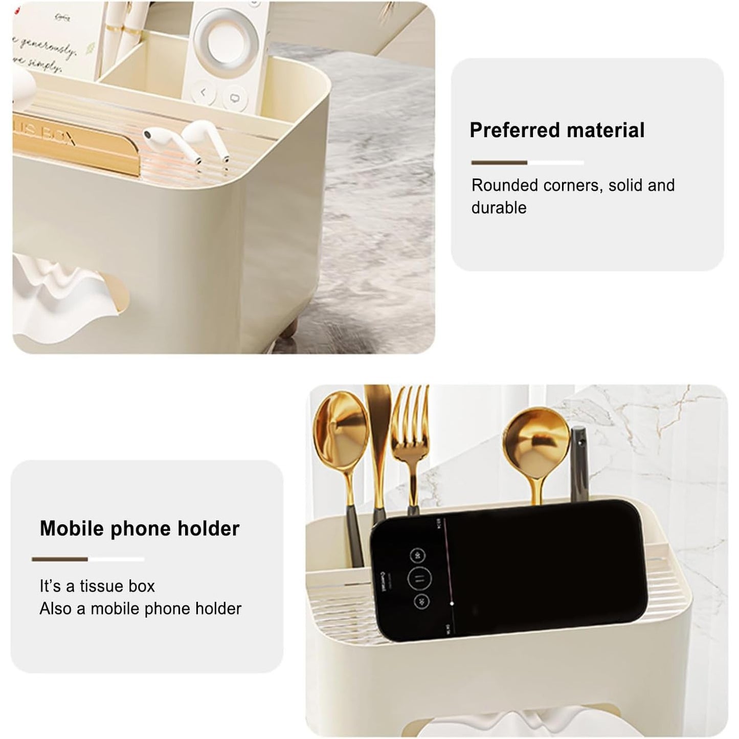 Suport pentru Servetele, selexmo, Cutie Multifunctionala, Design Minimalist, ABS, cu Suport pentru Obiectele Personale, pentru Birou, 21x15x13 cm, Crem