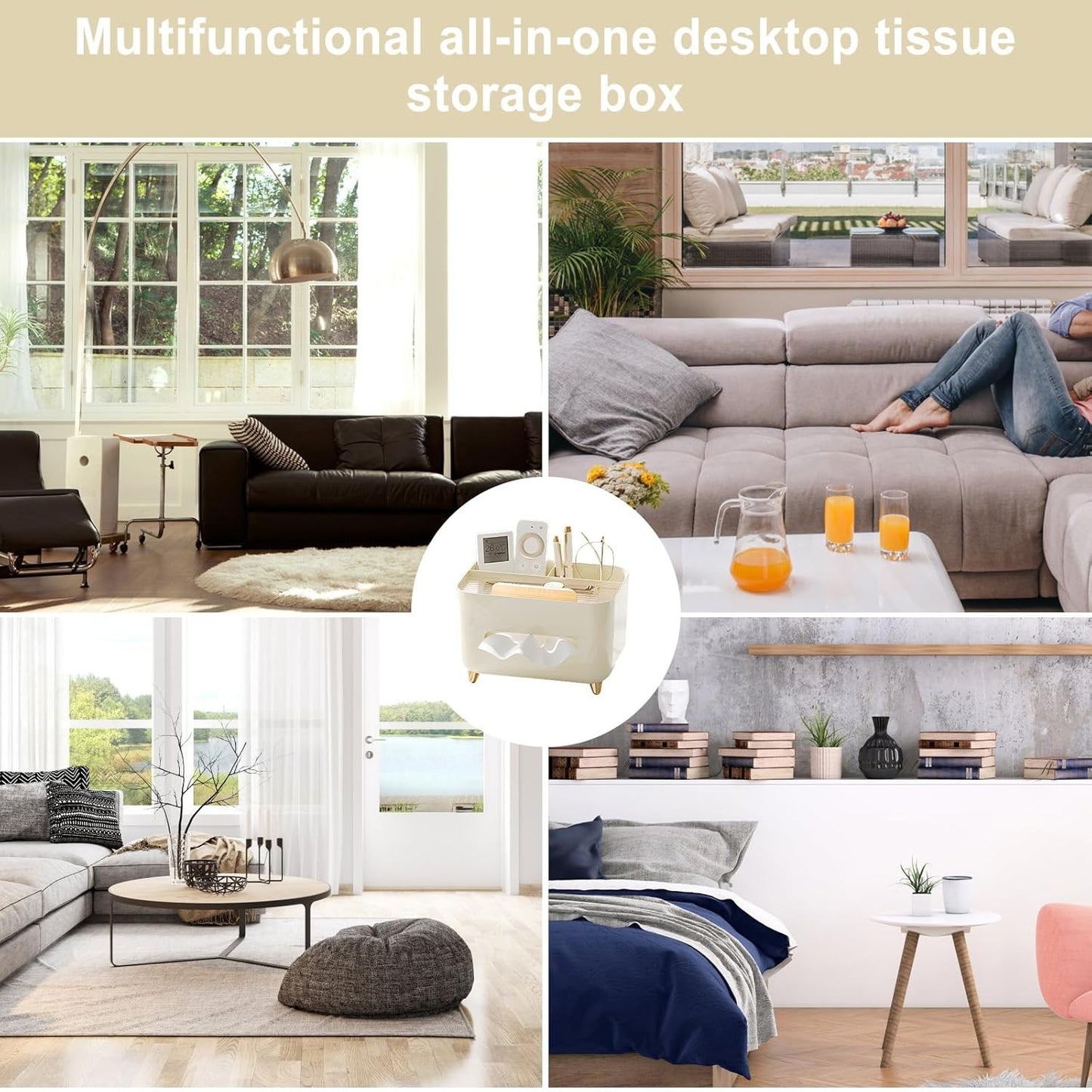 Suport pentru Servetele, selexmo, Cutie Multifunctionala, Design Minimalist, ABS, cu Suport pentru Obiectele Personale, pentru Birou, 21x15x13 cm, Crem