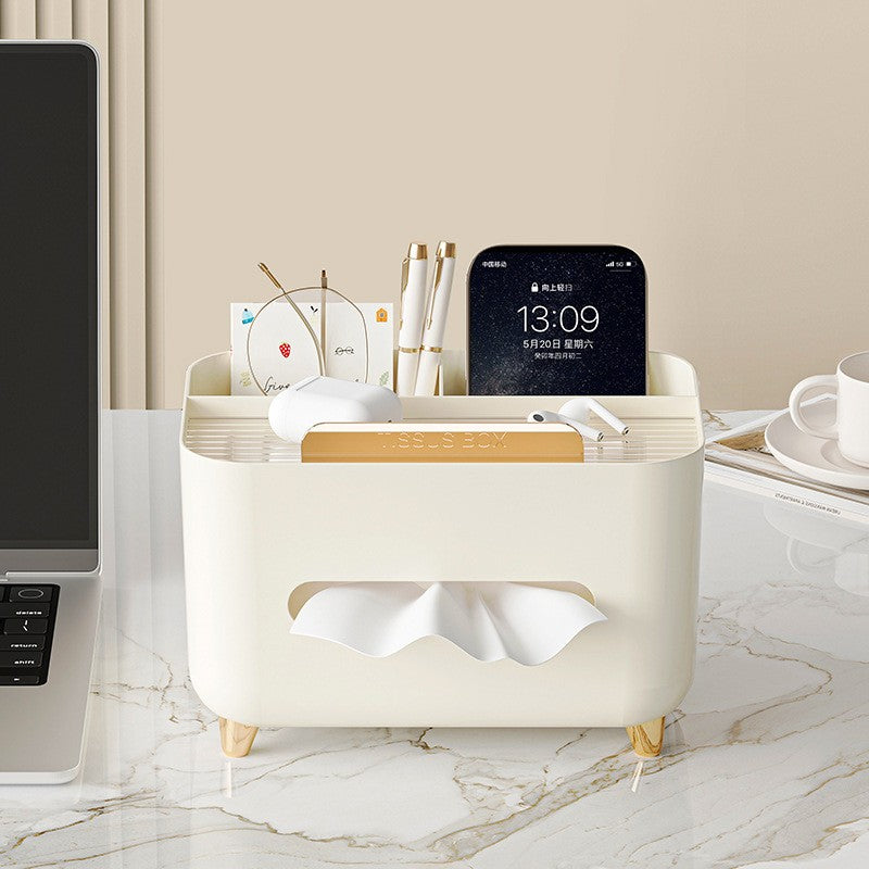 Suport pentru Servetele, selexmo, Cutie Multifunctionala, Design Minimalist, ABS, cu Suport pentru Obiectele Personale, pentru Birou, 21x15x13 cm, Crem