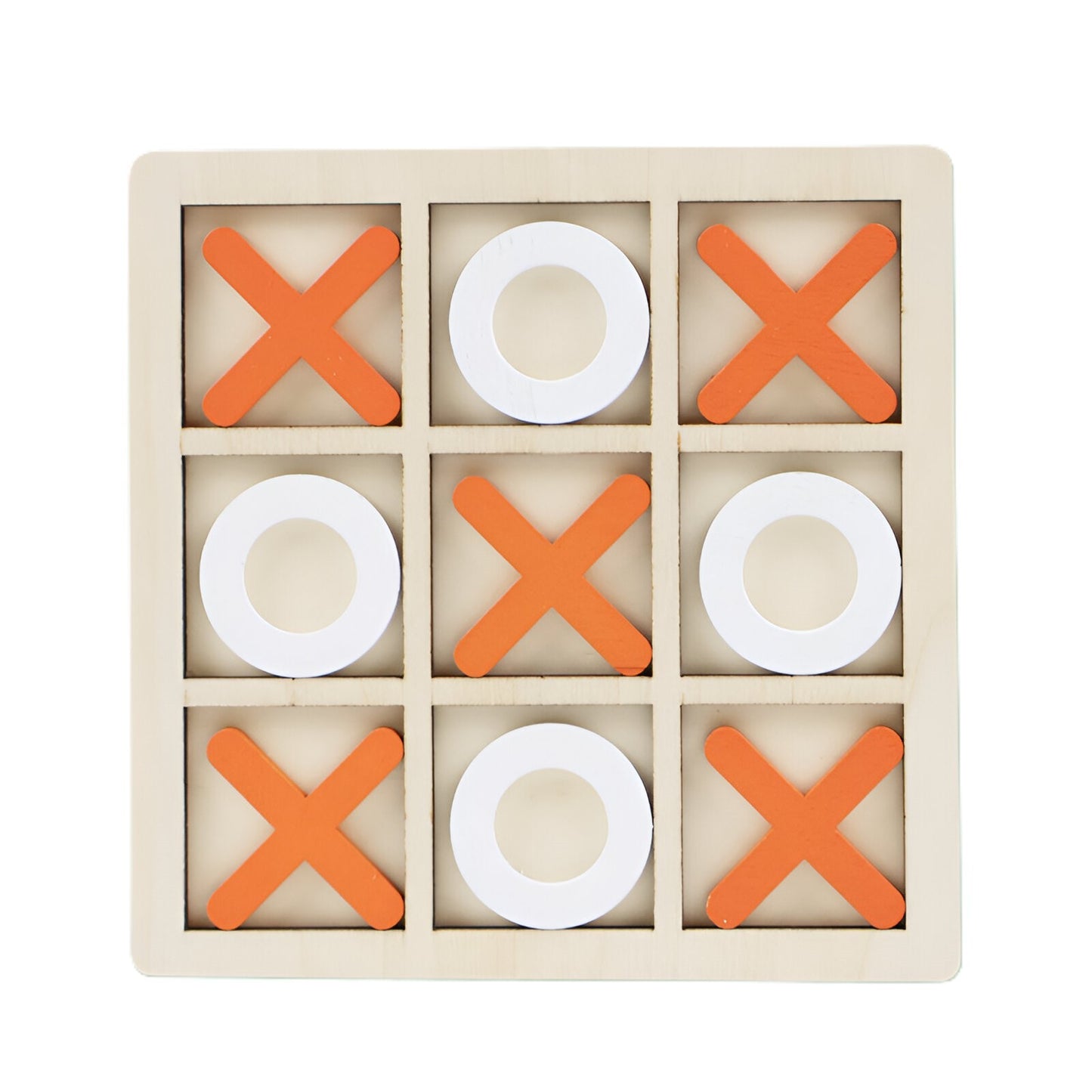 Jucarie Montessori Tic Tac Toe, Selexmo, Educativa, Interactiva, din lemn, X si O, 9 Piese, 14.3x14.3 cm, Portocaliu Alb