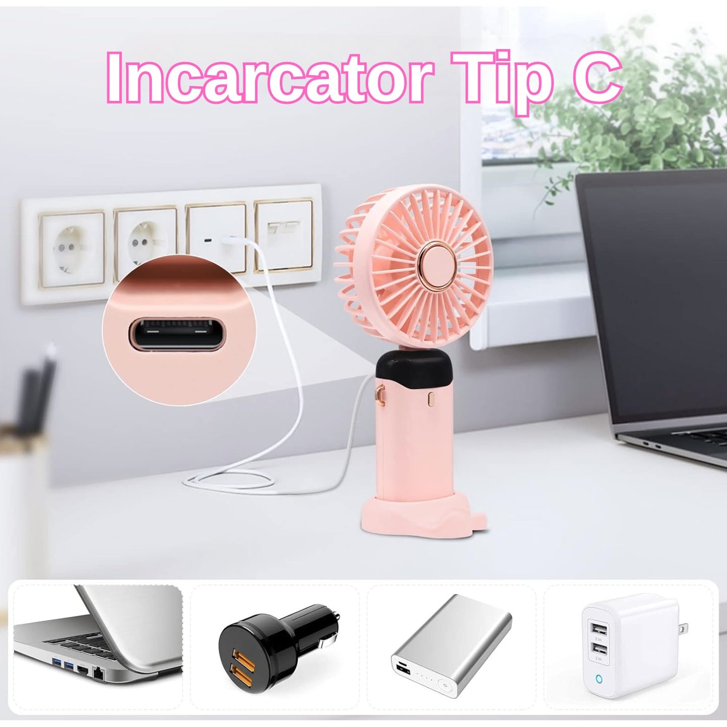 Ventilator Ultra Portabil cu Aromaterapie, 3 in 1, de Mana, de Birou, de Gat, 5 Trepte de Viteza, Incarcare USB, Autonomie 12h, Pliabil, cu Ecran LCD, Roz