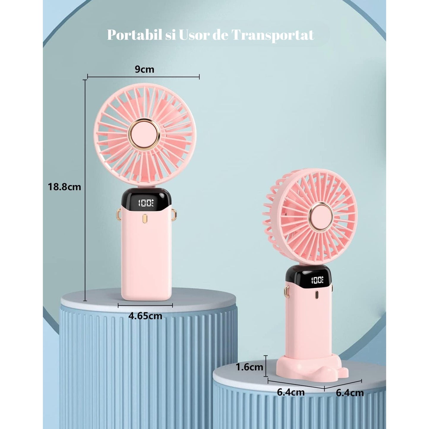 Ventilator Ultra Portabil cu Aromaterapie, 3 in 1, de Mana, de Birou, de Gat, 5 Trepte de Viteza, Incarcare USB, Autonomie 12h, Pliabil, cu Ecran LCD, Roz
