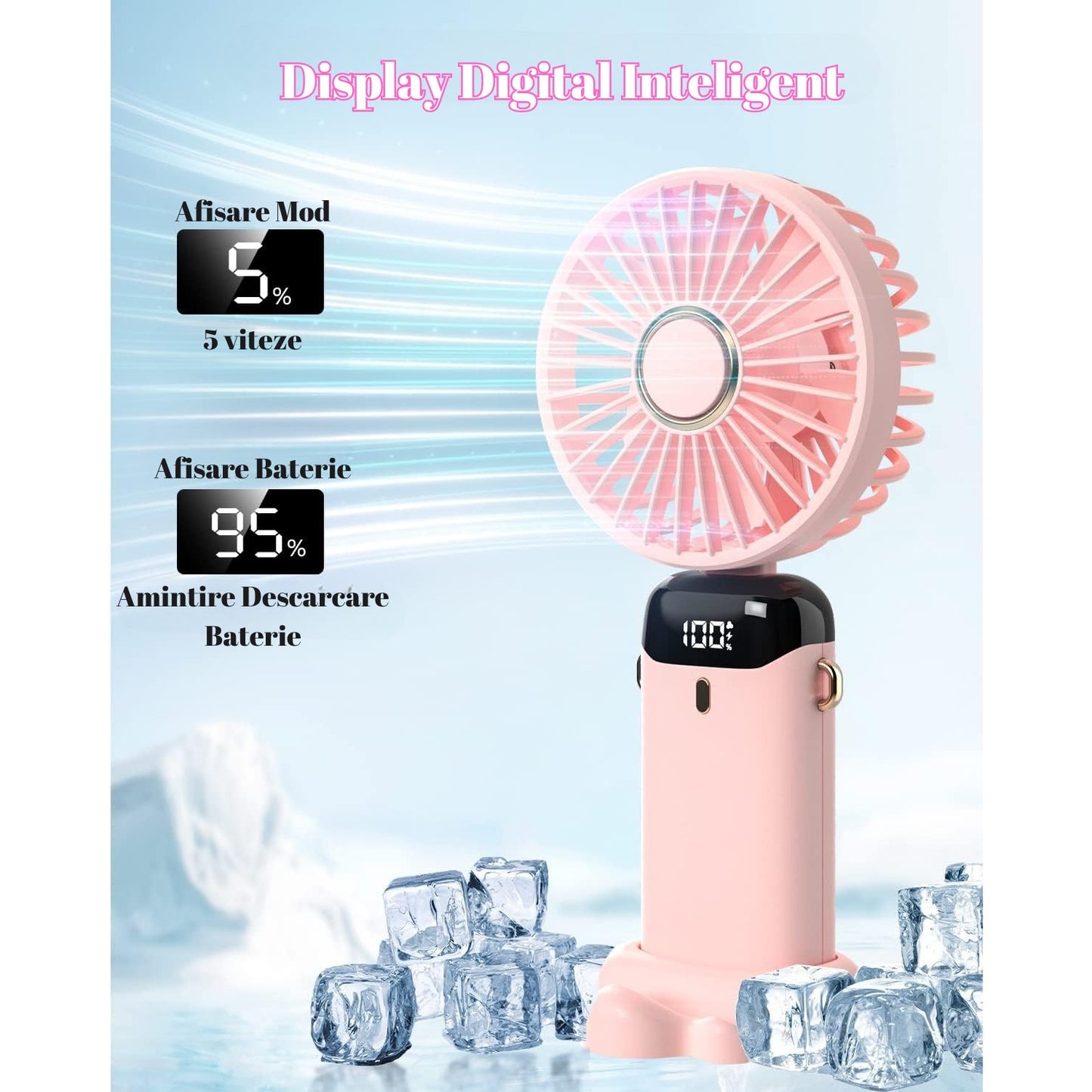 Ventilator Ultra Portabil cu Aromaterapie, 3 in 1, de Mana, de Birou, de Gat, 5 Trepte de Viteza, Incarcare USB, Autonomie 12h, Pliabil, cu Ecran LCD, Roz