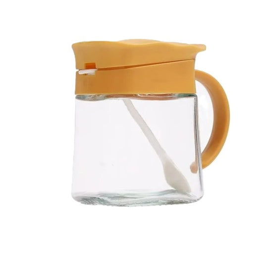 Recipient Condimente, selexmo, din Stilca, 180 ml, cu Maner si Lingurita, 11.3 x 8.2 cm, Capac Ondulat, Galben