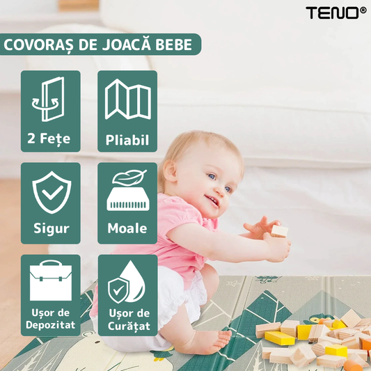 Covoras de Joaca pentru Copii, 2 fete, termic, anti-derapant, pliabil, protectie impotriva loviturilor, 200x180cm, grosime 1 cm
