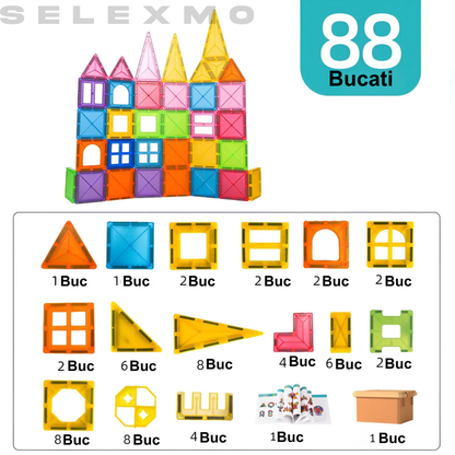 Piese Magnetice de Constructie, Magnetic Tiles, Forme Geometrice, 3 Ani+ 88 piese