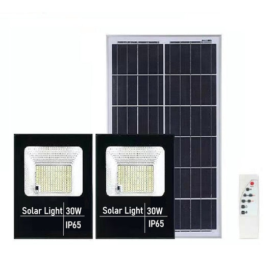 Set 2 proiectoare LED SMD 30W cu incarcare solara Selexmo, panou solar, cu telecomanda, suport prindere, material ABS, 1.2AH, 200LED-uri, 13x13.5 cm, negru