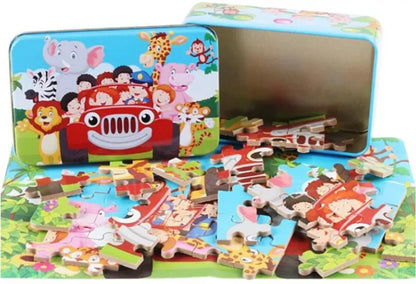 Puzzle 60 de Piese din Lemn in Cutie Metalica