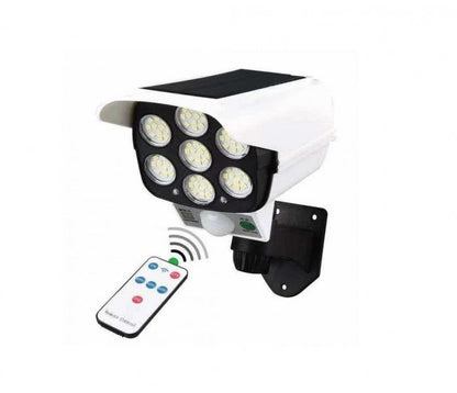 Camera falsa cu panou, Senzor de miscare si lumina,, 77 LED, IP65, rezistent la apa, telecomanda inclusa, 3 moduri de iluminare
