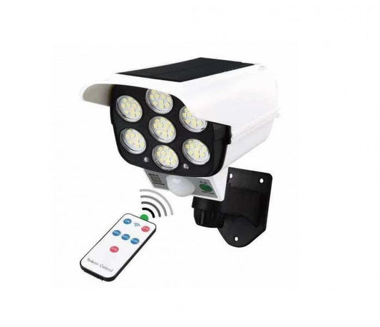 Camera falsa cu panou, Senzor de miscare si lumina,, 77 LED, IP65, rezistent la apa, telecomanda inclusa, 3 moduri de iluminare
