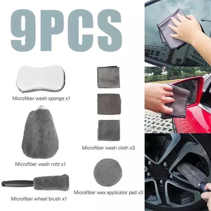 Kit de îngrijire auto premium, 9 piese din microfibra