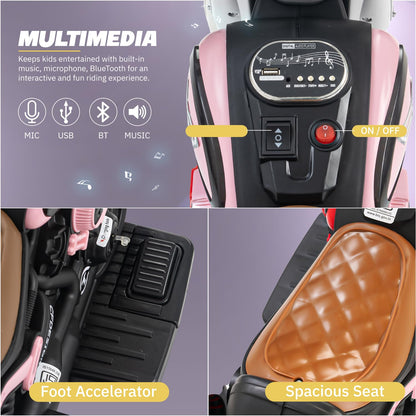 Tricicleta Electrica pentru Copii, Tricicleta DUAL-DRIVE 380*2 Baterie 6V 4.5, Bluetooth, Sistem Anti-Rasturnare, Sistem de Lumini si Sunet, 5+ Ani, 80 x 60 x 42 cm, Roz Negru