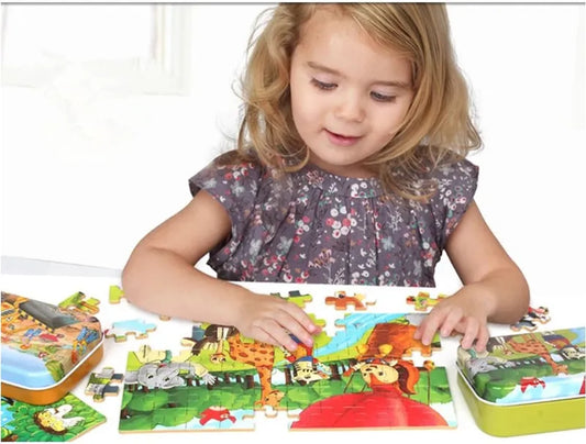 Puzzle 60 de Piese din Lemn in Cutie Metalica