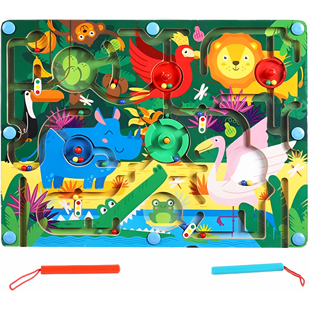 Joc Montessori de Sortare Culori, Selexmo, Creion Magnetic, Tip Labirint Ilustrat, din Lemn, Model Animale Salbatice, 39x29x1.5 cm