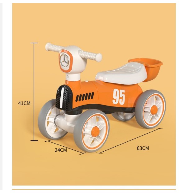 Bicicletă fără pedale pentru copii cu lumini și muzică, 4 roți, vârstă 1-3 ani, material PP, 63 x 24 x 41 cm, portocaliu.