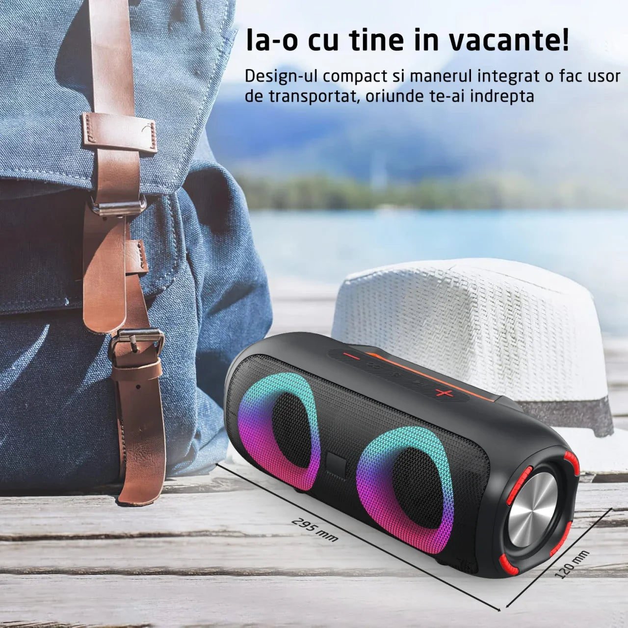 Boxa Portabila, Bluetooth 5.0, 30W, 4000mAH, Lumini RGB, Conexiune USB, Auxiliar, Card SD, Radio, Rezistenta IPX6