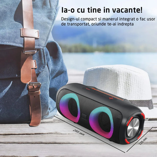 Boxa Portabila, Bluetooth 5.0, 30W, 4000mAH, Lumini RGB, Conexiune USB, Auxiliar, Card SD, Radio, Rezistenta IPX6