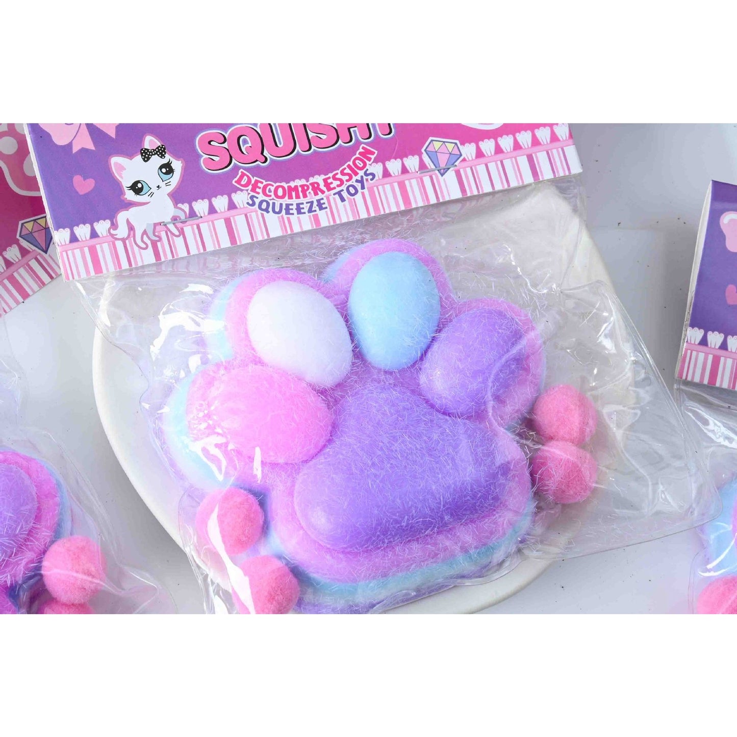 Jucarie Antistres Squishy, selexmo, cu Revenire Lenta, Model Labuta de Pisica Pufoasa, 220g, 12.5 x 10.5 cm Squeeze Pinch Family, Ambalaj Transparent, Mov