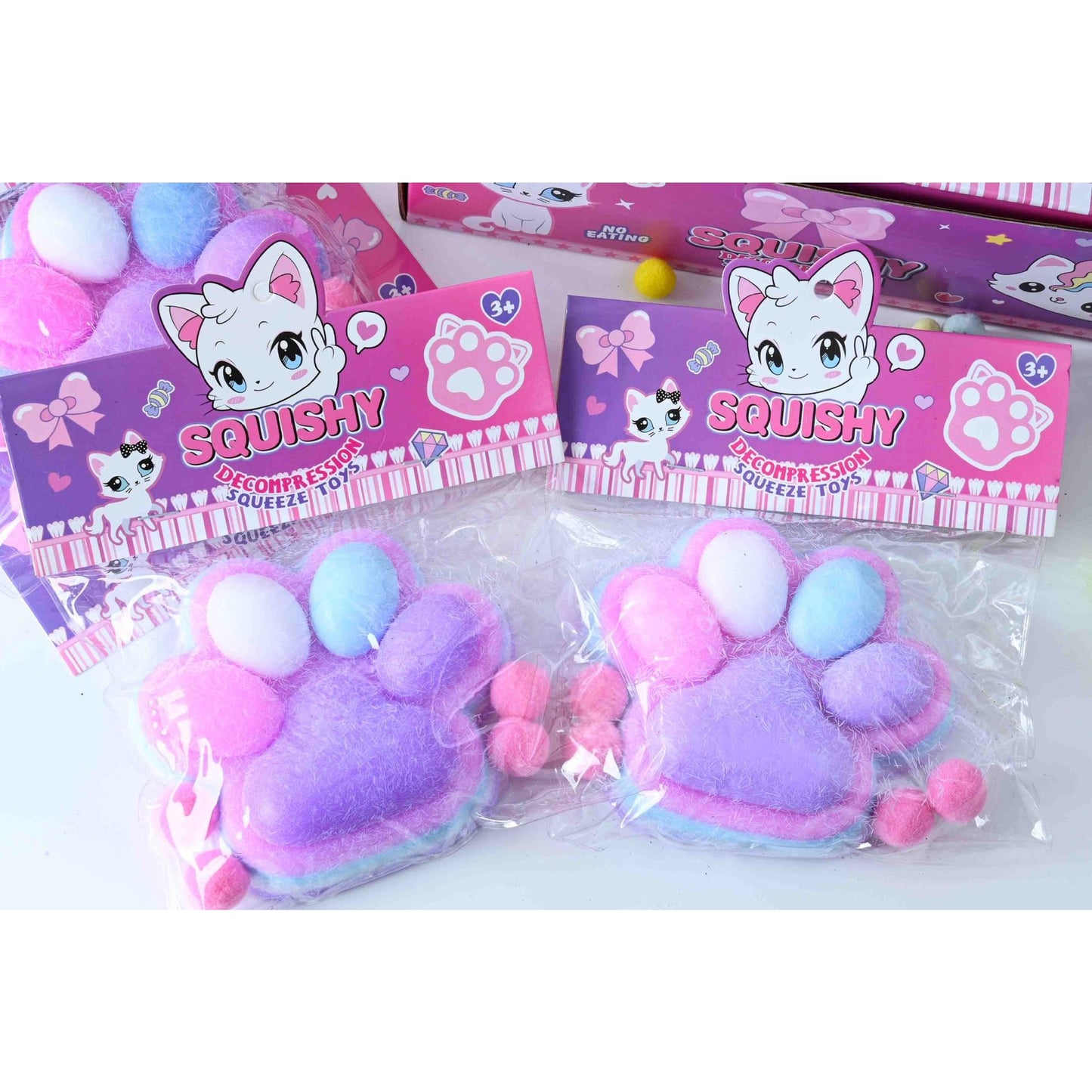 Jucarie Antistres Squishy, selexmo, cu Revenire Lenta, Model Labuta de Pisica Pufoasa, 220g, 12.5 x 10.5 cm Squeeze Pinch Family, Ambalaj Transparent, Mov
