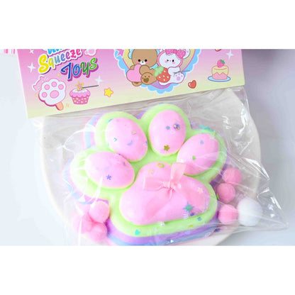 Jucarie Antistres Squishy, selexmo, cu Revenire Lenta, Model Labuta de Pisica YY1005, 220g, 12.5 x 10.5 cm, Squeeze Pinch Family, Ambalaj Transparent, Roz-Curcubeu