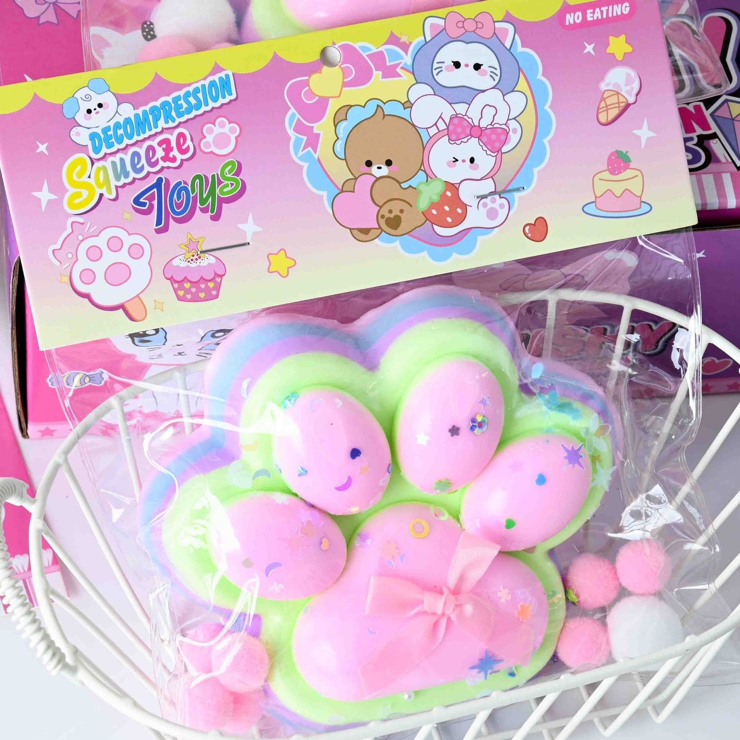 Jucarie Antistres Squishy, selexmo, cu Revenire Lenta, Model Labuta de Pisica YY1005, 220g, 12.5 x 10.5 cm, Squeeze Pinch Family, Ambalaj Transparent, Roz-Curcubeu