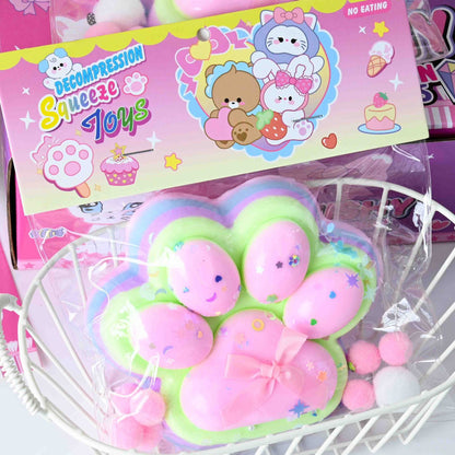 Jucarie Antistres Squishy, selexmo, cu Revenire Lenta, Model Labuta de Pisica YY1005, 220g, 12.5 x 10.5 cm, Squeeze Pinch Family, Ambalaj Transparent, Roz-Curcubeu