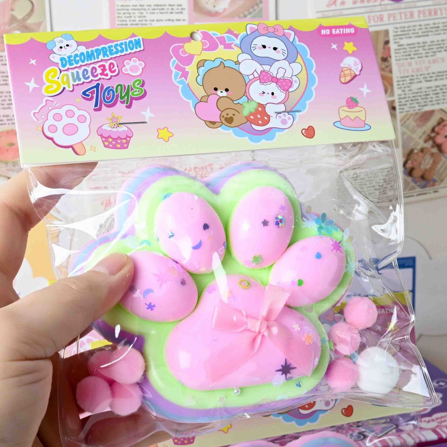 Jucarie Antistres Squishy, selexmo, cu Revenire Lenta, Model Labuta de Pisica YY1005, 220g, 12.5 x 10.5 cm, Squeeze Pinch Family, Ambalaj Transparent, Roz-Curcubeu