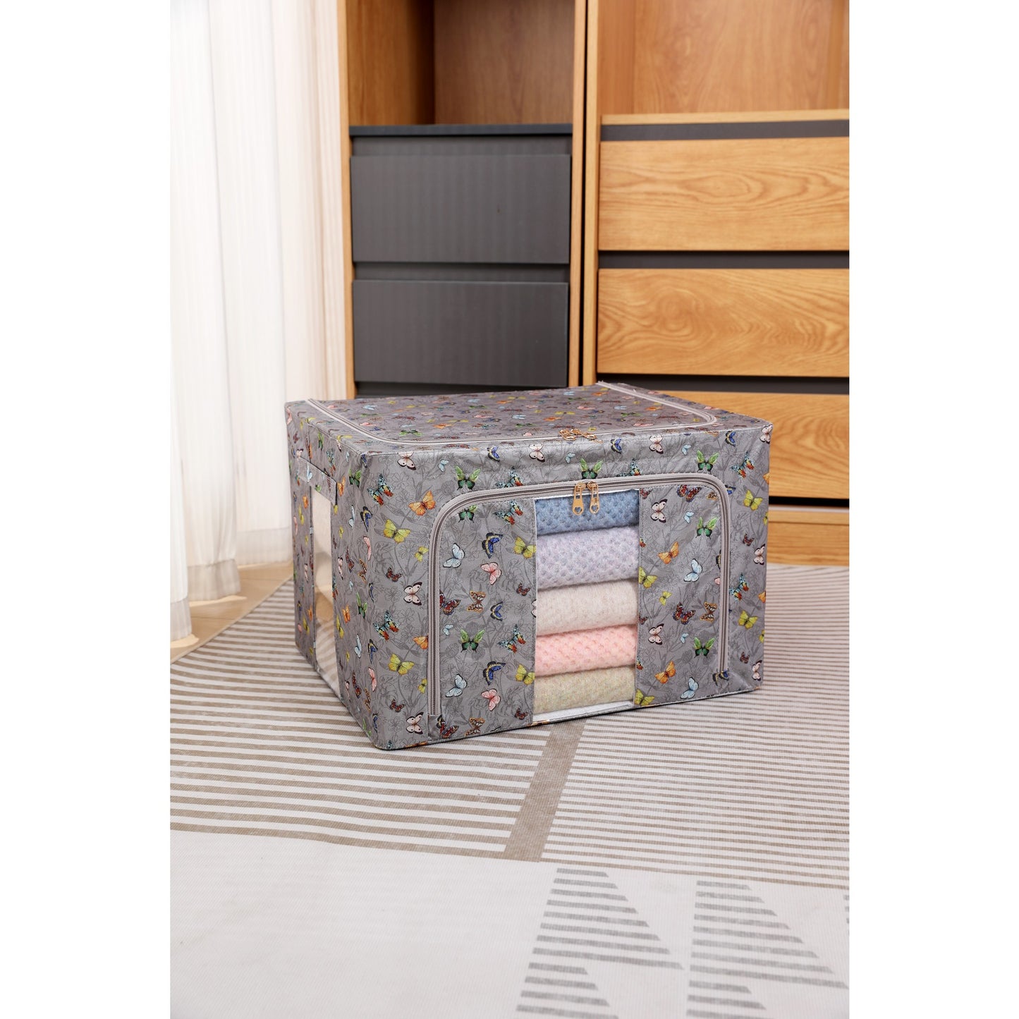 Cutie Depozitare, selexmo, 66L, din Material Textil, 50 x 40 x 33 cm, pentru Haine si Lenjerii, Model Fluturasi, Gri Inchis