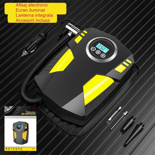 Compresor Auto Portabil cu Lanterna si Afisaj Electornic, DC 12V, 120W, 35L/min, Cablu de alimentare 3m, Pompa Biciclete, Moto, Mingi, Saltele, Max 10.3bar, lumina LED, Negru