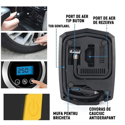 Compresor Auto Portabil cu Lanterna si Afisaj Electornic, DC 12V, 120W, 35L/min, Cablu de alimentare 3m, Pompa Biciclete, Moto, Mingi, Saltele, Max 10.3bar, lumina LED, Negru