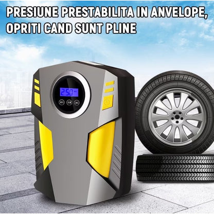 Compresor Auto Portabil cu Lanterna si Afisaj Electornic, DC 12V, 120W, 35L/min, Cablu de alimentare 3m, Pompa Biciclete, Moto, Mingi, Saltele, Max 10.3bar, lumina LED, Negru