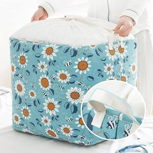 Cos depozitare, selexmo, Capac cu Snur, 175 L, Confectionat din Bumbac si un Strat Impermeabil, 50 x 50 x 70 cm, Albastru Deschis, Imprimeu Flori