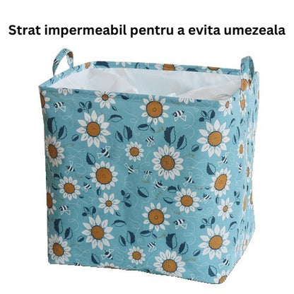 Cos depozitare, selexmo, Capac cu Snur, 175 L, Confectionat din Bumbac si un Strat Impermeabil, 50 x 50 x 70 cm, Albastru Deschis, Imprimeu Flori