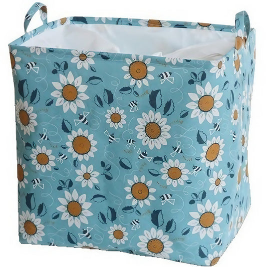 Cos depozitare, selexmo, Capac cu Snur, 175 L, Confectionat din Bumbac si un Strat Impermeabil, 50 x 50 x 70 cm, Albastru Deschis, Imprimeu Flori