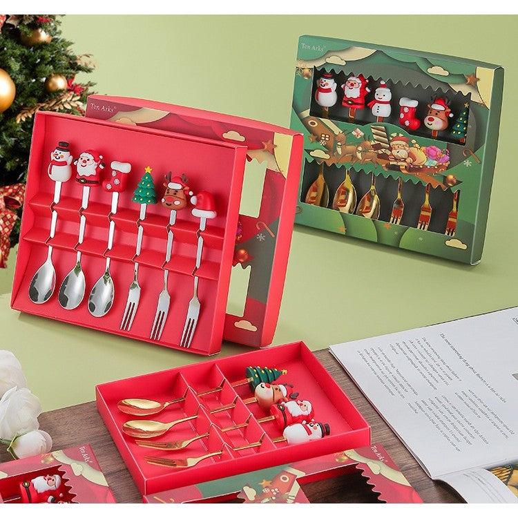 Set Tacamuri, Tema Craciun cu Figurine, din Otel Inoxidabil, Cutie Cadou