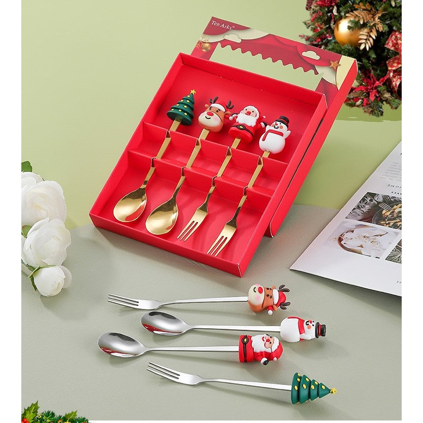 Set Tacamuri, Tema Craciun cu Figurine, din Otel Inoxidabil, Cutie Cadou