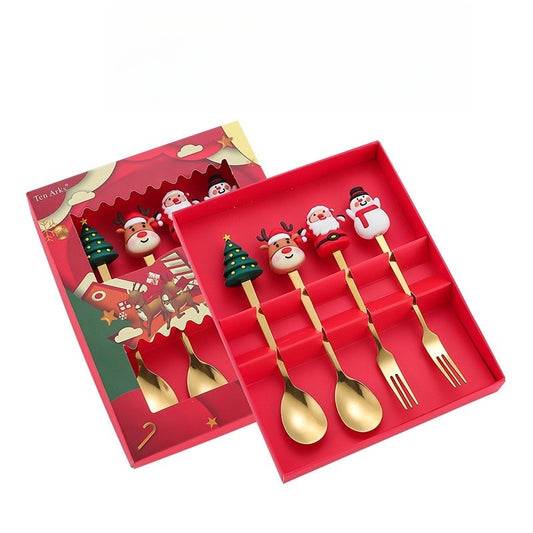 Set Tacamuri, Tema Craciun cu Figurine, din Otel Inoxidabil, Cutie Cadou