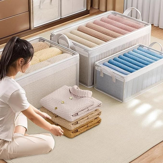 Cutie container de depozitare din PVC, selexmo, de stocare, Dimensiuni multiple, Accesoriu robust pentru organizarea de uz casnic, volum 26L, 47 x 28 x 20 cm, Transparenta