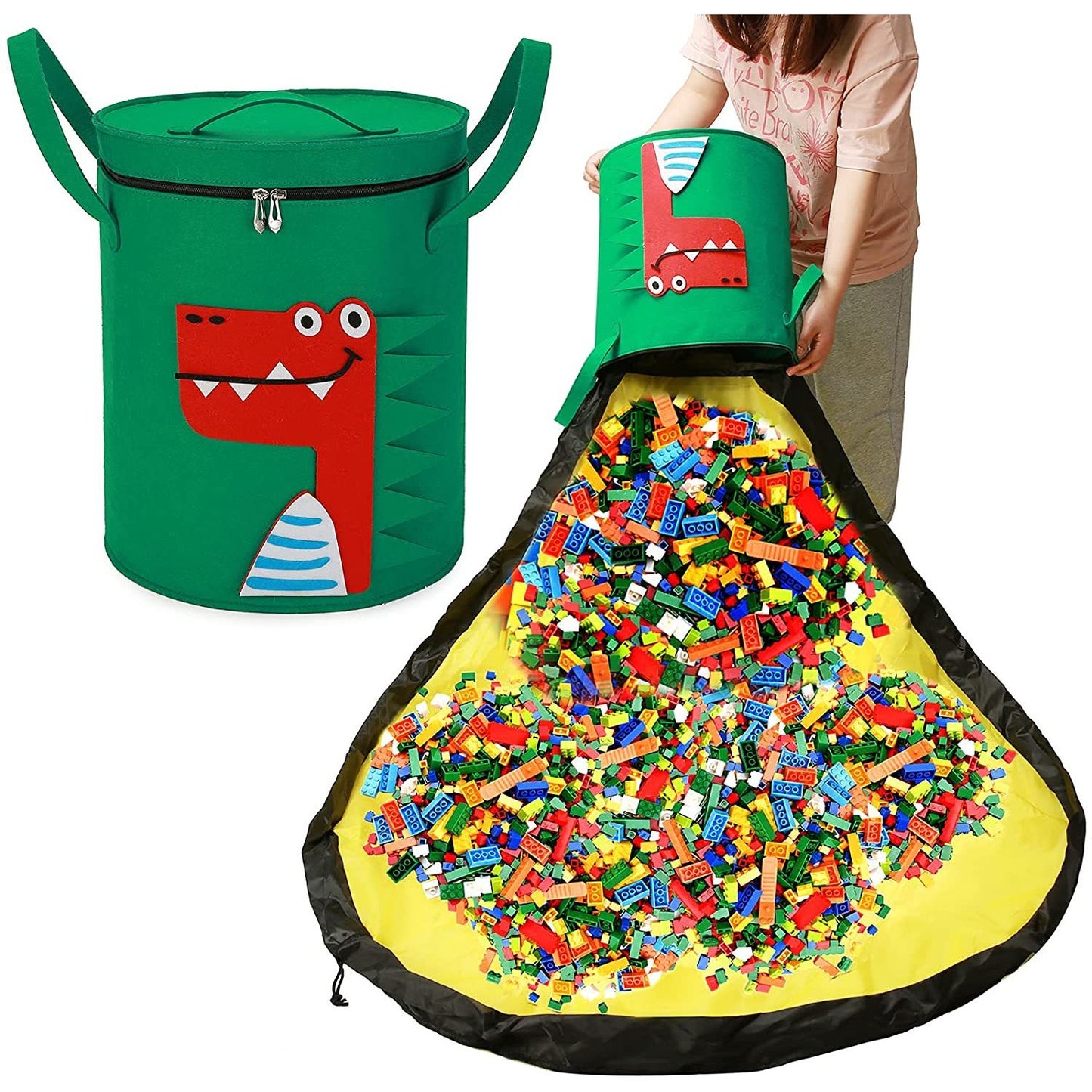 Cutie de Depozitare 2In1, selexmo, Impermeabila, Covor pentru Jucarii si Lego 150cm, Capacitate Mare, cu Manere, cu Sfori, Inaltime 40cm, Model Crocodil, Verde