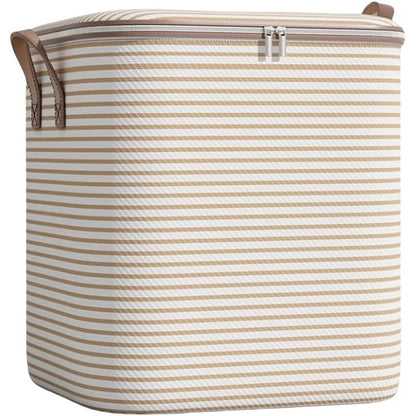 Cutie de Depozitare cu Fermoar, selexmo, Pliabila, Maner Ranforsat, Fermoar Rezistent, pentru Haine, Paturi, Plapume, Perne, Lenjerii de Pat, Jucarii, 56x45x56 cm, 150 Litri, in Dungi, Bej