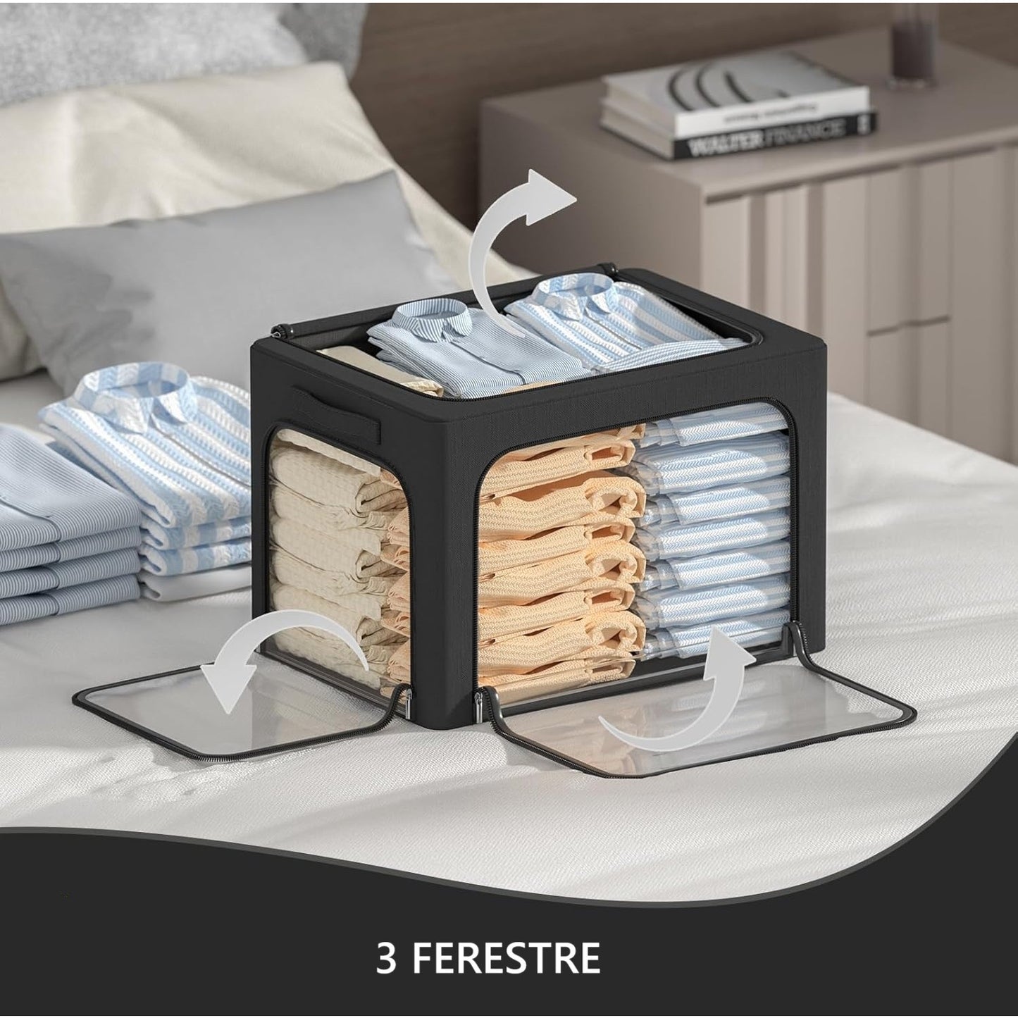 Cutie de Depozitare, selexmo, cu 3 Ferestre cu Fermoar Bidirectional, Cadru din Otel, Impermeabil, 38L, 42 x 30 x 30 cm, Negru