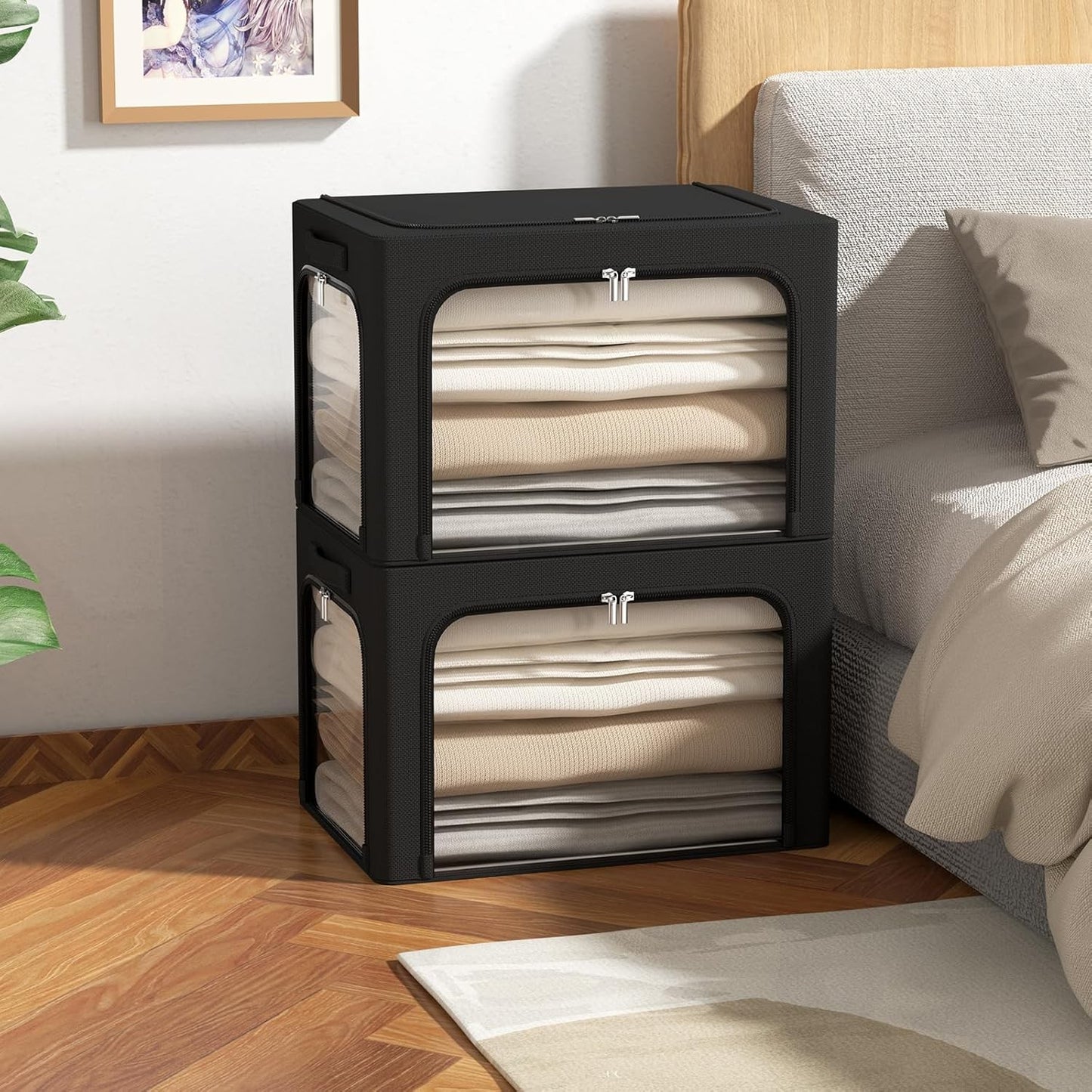 Cutie de Depozitare, selexmo, cu 3 Ferestre cu Fermoar Bidirectional, Cadru din Otel, Impermeabil, 38L, 42 x 30 x 30 cm, Negru