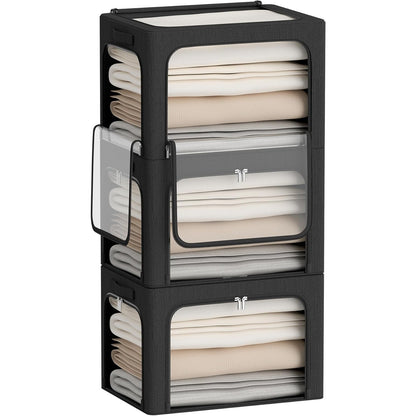 Cutie de Depozitare, selexmo, cu 3 Ferestre cu Fermoar Bidirectional, Cadru din Otel, Impermeabil, 38L, 42 x 30 x 30 cm, Negru