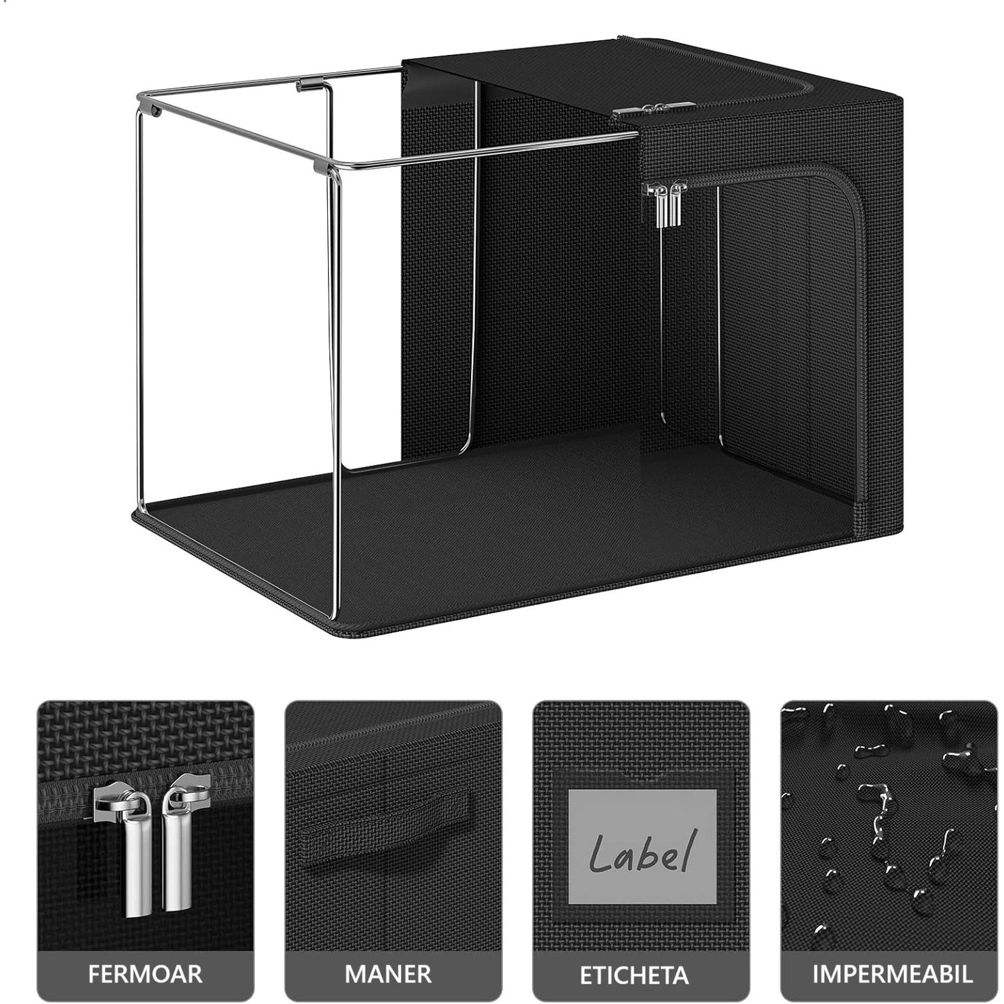 Cutie de Depozitare, selexmo, cu 3 Ferestre cu Fermoar Bidirectional, Cadru din Otel, Impermeabil, 38L, 42 x 30 x 30 cm, Negru