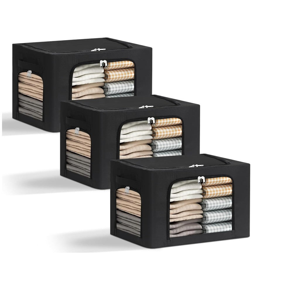 Cutie de Depozitare, selexmo, cu 3 Ferestre cu Fermoar Bidirectional, Cadru din Otel, Impermeabil, 38L, 42 x 30 x 30 cm, Negru