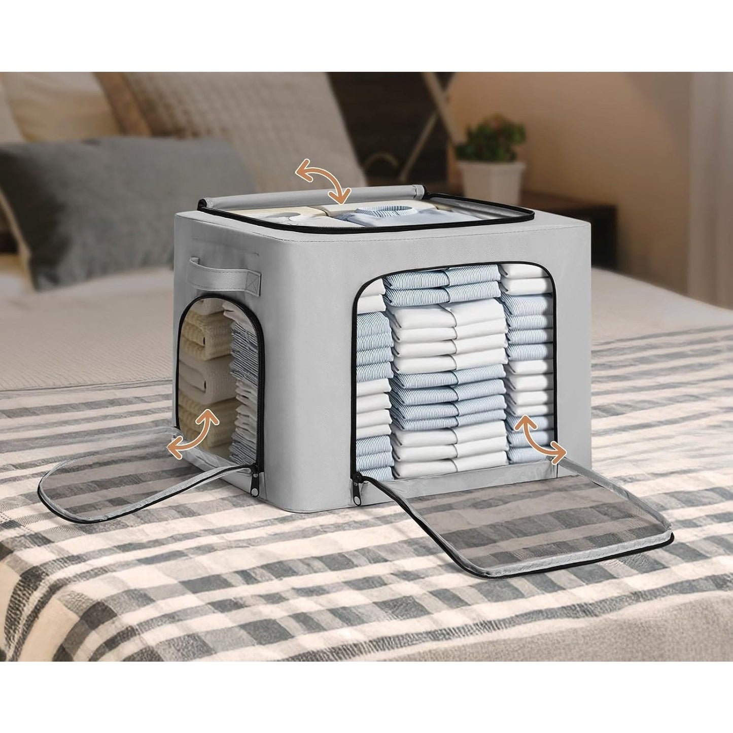 Cutie de Depozitare, selexmo, cu 3 Ferestre cu Fermoar Bidirectional, Cadru din Otel, Impermeabil, 38L, 42 x 30 x 30 cm, Gri