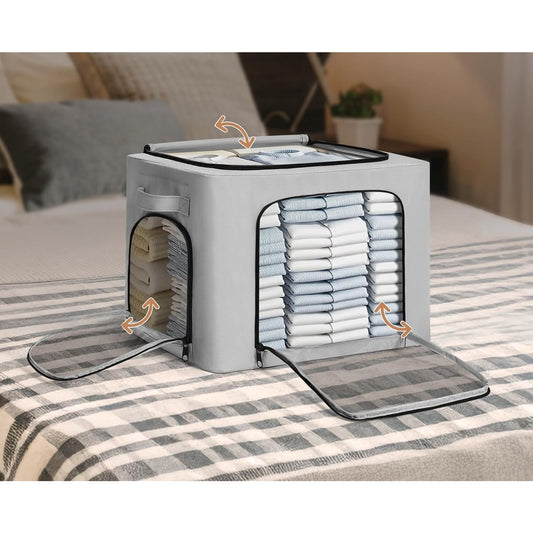 Cutie de Depozitare, selexmo, cu 3 Ferestre cu Fermoar Bidirectional, Cadru din Otel, Impermeabil, 38L, 42 x 30 x 30 cm, Gri