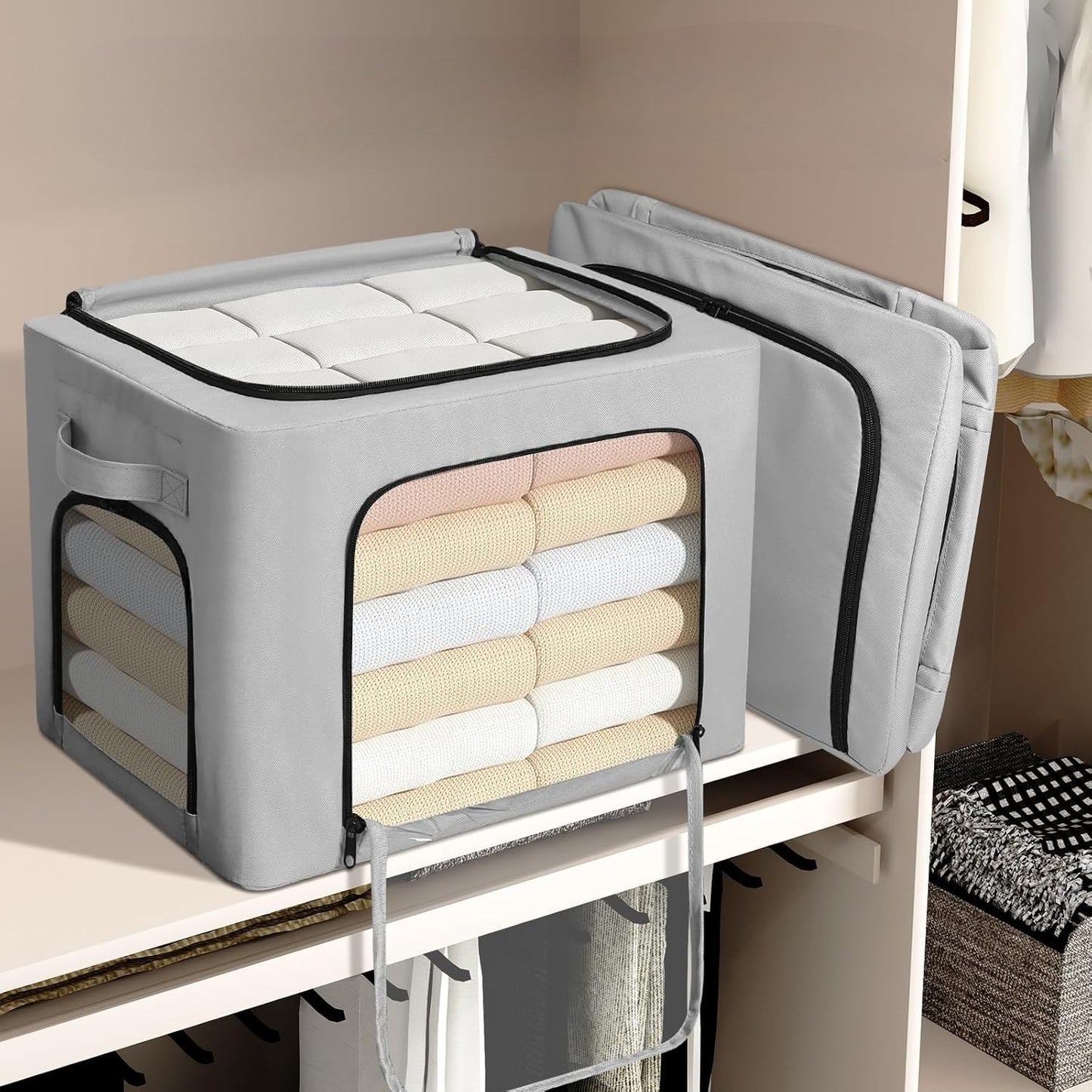 Cutie de Depozitare, selexmo, cu 3 Ferestre cu Fermoar Bidirectional, Cadru din Otel, Impermeabil, 38L, 42 x 30 x 30 cm, Gri