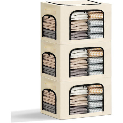 Cutie de Depozitare, selexmo, cu 3 Ferestre cu Fermoar Bidirectional, Cadru din Otel, Impermeabil, 38L, 42 x 30 x 30 cm, Bej